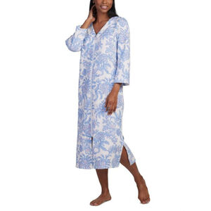 Miss Elaine Size Large Relax White & Blue Floral Quilted Zip Front Robe NWT